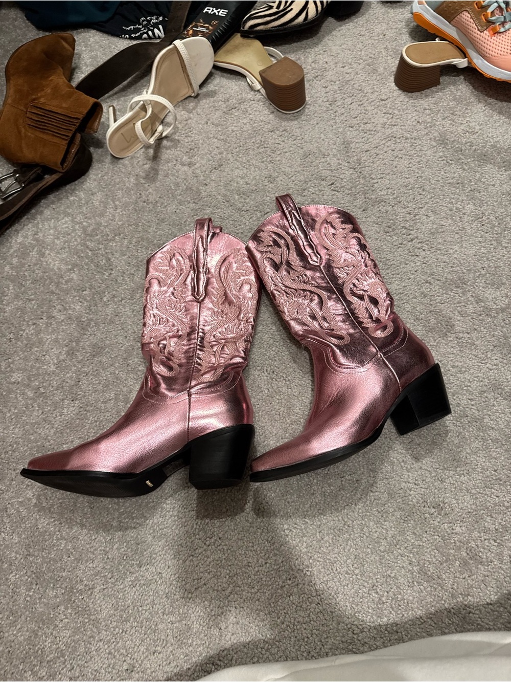 Metallic Pink Embroidered Western Lace-Up Boots for Women